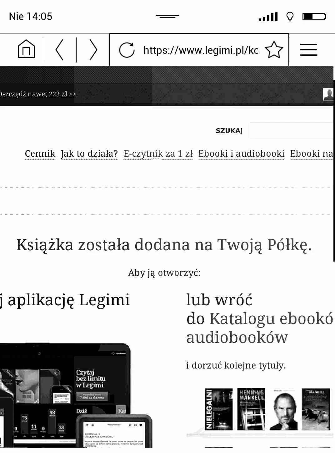 Książka dodana na półkę - zrzut z przeglądarki internetowej z otwartą stroną Legimi na czytniku PocketBook Touch HD 2