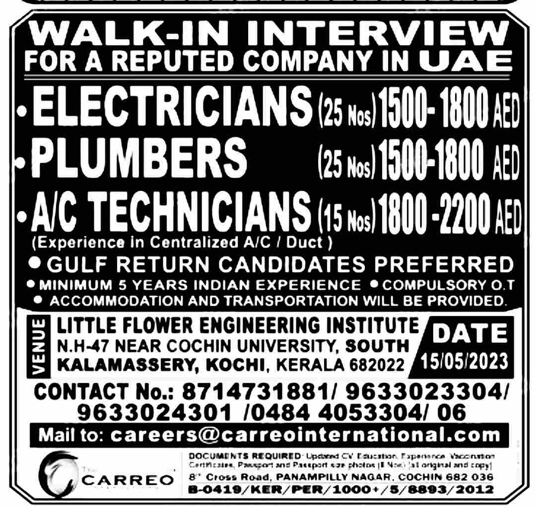 Electrician plumber and AC technician jobs in UAE