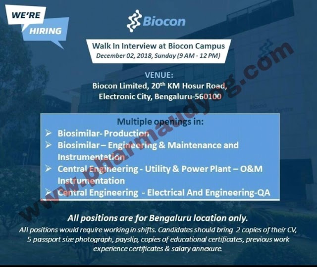 Biocon | Walk-In for Multiple Departments | 2nd December 2018 | Bangalore