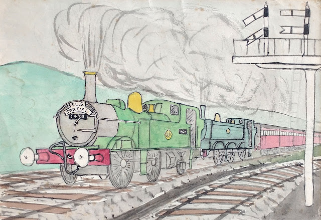 Steam locomotives No. 1420 and No. 6435 pulling an SLS Special, in a watercolour by William Walkington, circa 1965