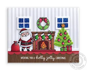 Sunny Studio: Santa Christmas Eve with Fireplace & Tree Holiday Scene Christmas Card (using Santa Claus Lane & Christmas Icons Stamps, Sweet Treats House Add-on & Stitched Scalloped Dies, Amazing Argyle & Subtle Grey Tones 6x6 Paper)