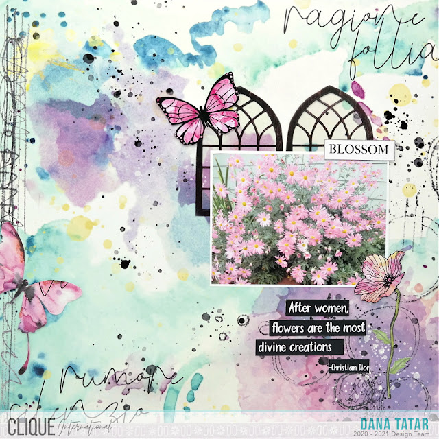 Floral scrapbook layout with garden blooms with die-cuts, transparencies, and butterflies from ArtStacks and patterned paper designed by Romaticherie.