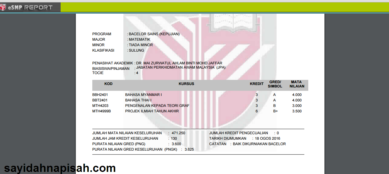 19 OGOS 2016: result final exam UPM keluar