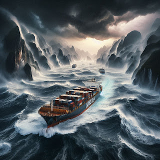 A photograph of a container ship sailing through stormy seas Image generated by Microsoft Copilot Designer.