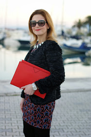 zara starry print dress, fake fur jacket, red zara clutch, Fashion and Cookies, fashion blogger