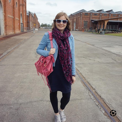 away from blue instagram | day out with Thomas ipswich rail museum outfit striped tee dress leopard print scarf denim jacket glitter sneakers