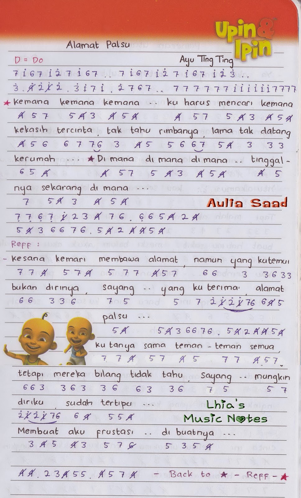 Not Angka : Ayu Ting Ting - Alamat Palsu | Aulia's World