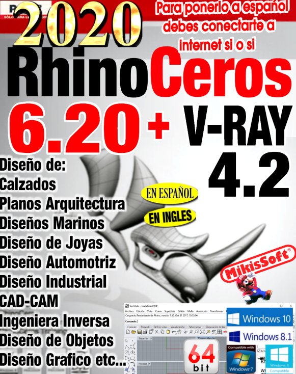 RHINOCEROS 6.20 + VRAY 4.2 - 2020 ESP INGLES - 64 BITS - COMPLETO DISEÑO 3D CAD CAM