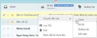 5 phương án để thư vào Primary Tab - bấm chuột phải để chuyển thư sang tab mới