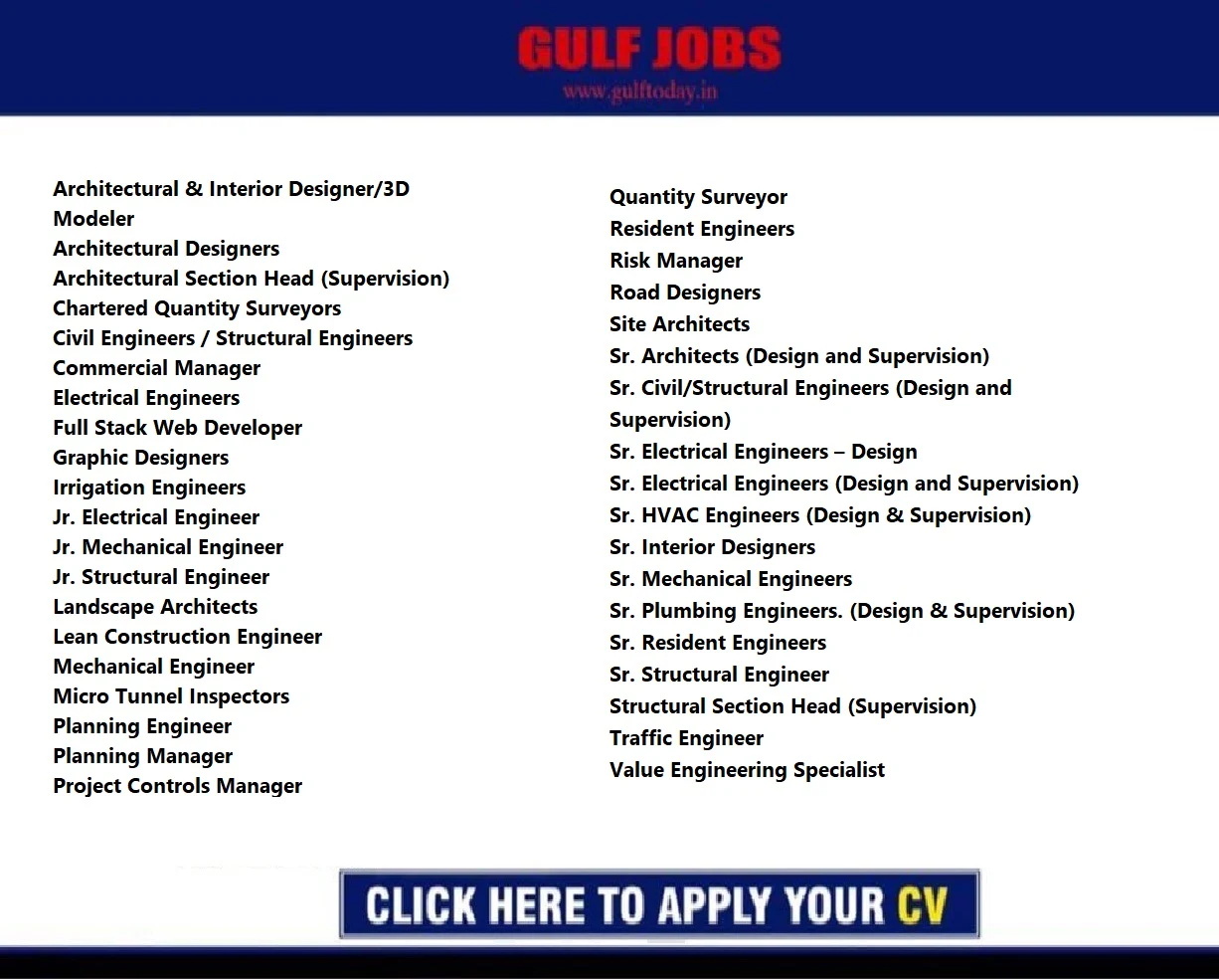 Qatar Jobs-Architectural Interior Designer-Quantity Surveyors-Structural Engineers-Civil Engineers-Commercial Manager-Electrical Engineers-Graphic Designers-Project Controls Manager-Project Managers-Quantity Surveyor-Sr. Interior Designers-Sr. Resident Engineers-