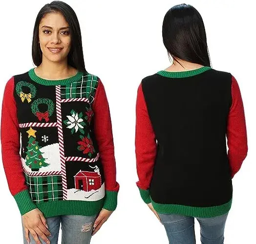 8. Ugly Christmas Sweater Women’s Patchwork LIGHT-UP Sweater