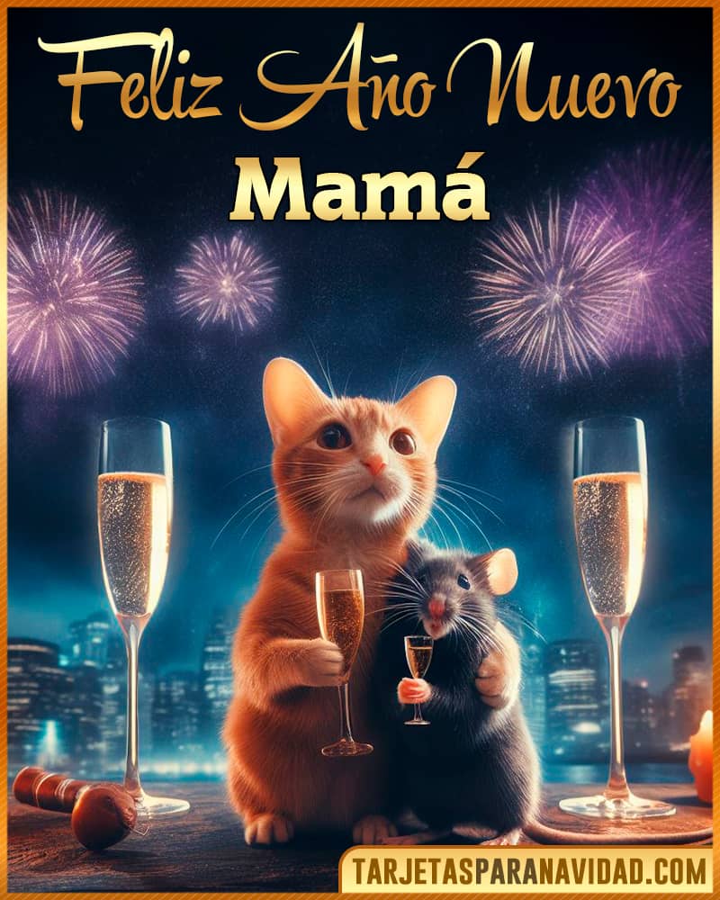 Tarjeta de feliz año nuevo de gato y raton para Mamá