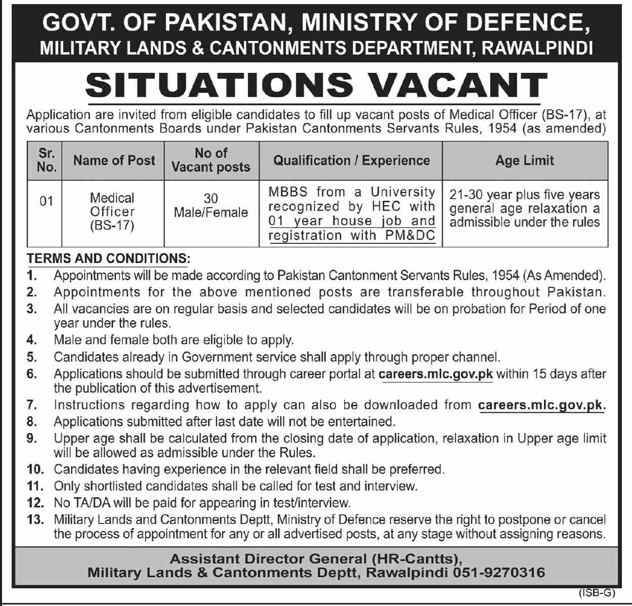 Latest Ministry of Defence Medical Posts Rawalpindi 2022