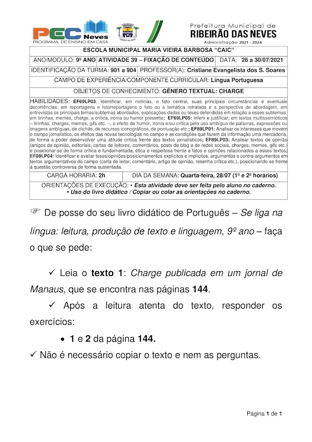 LÍNGUA PORTUGUESA - PROFª. CRISTIANE EVANGELISTA - ATIVIDADE 39 - FIXAÇÃO DE CONTEÚDO - 901 a 904 (26/07 a 30/07/2021)