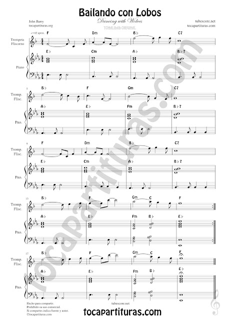  Trompeta y Fliscorno Partitura Bailando con Lobos Sheet Music for Trumpet and Flugelhorn Music Scores