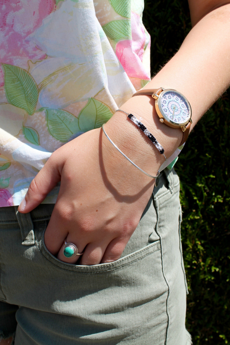 flowery summer shirt and olive green shorts