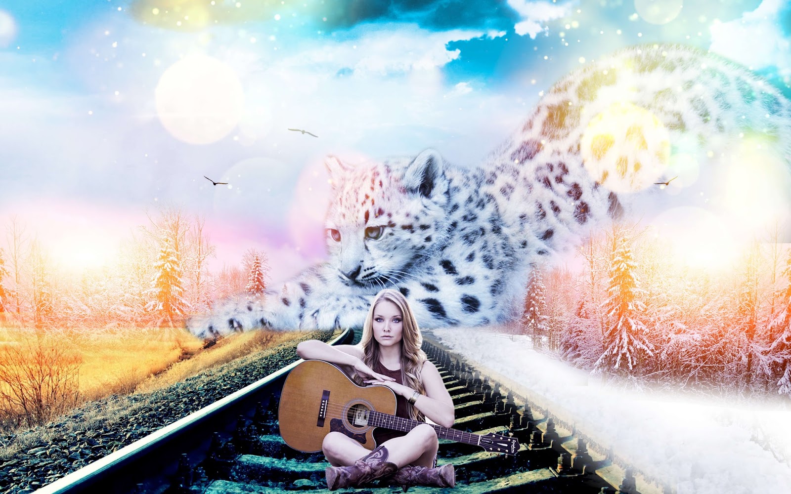 Photoshop CC Speed Art Version: Huge Fantasy Snow Leopard with Beautiful Guitar Woman Manipulation 