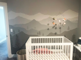 nursery mural, neutral nursery mural, tree nursery mural, birch tree mural, mountain nursery mural, grey nursery mural, grey nursery, portland muralist, portland nursery mural