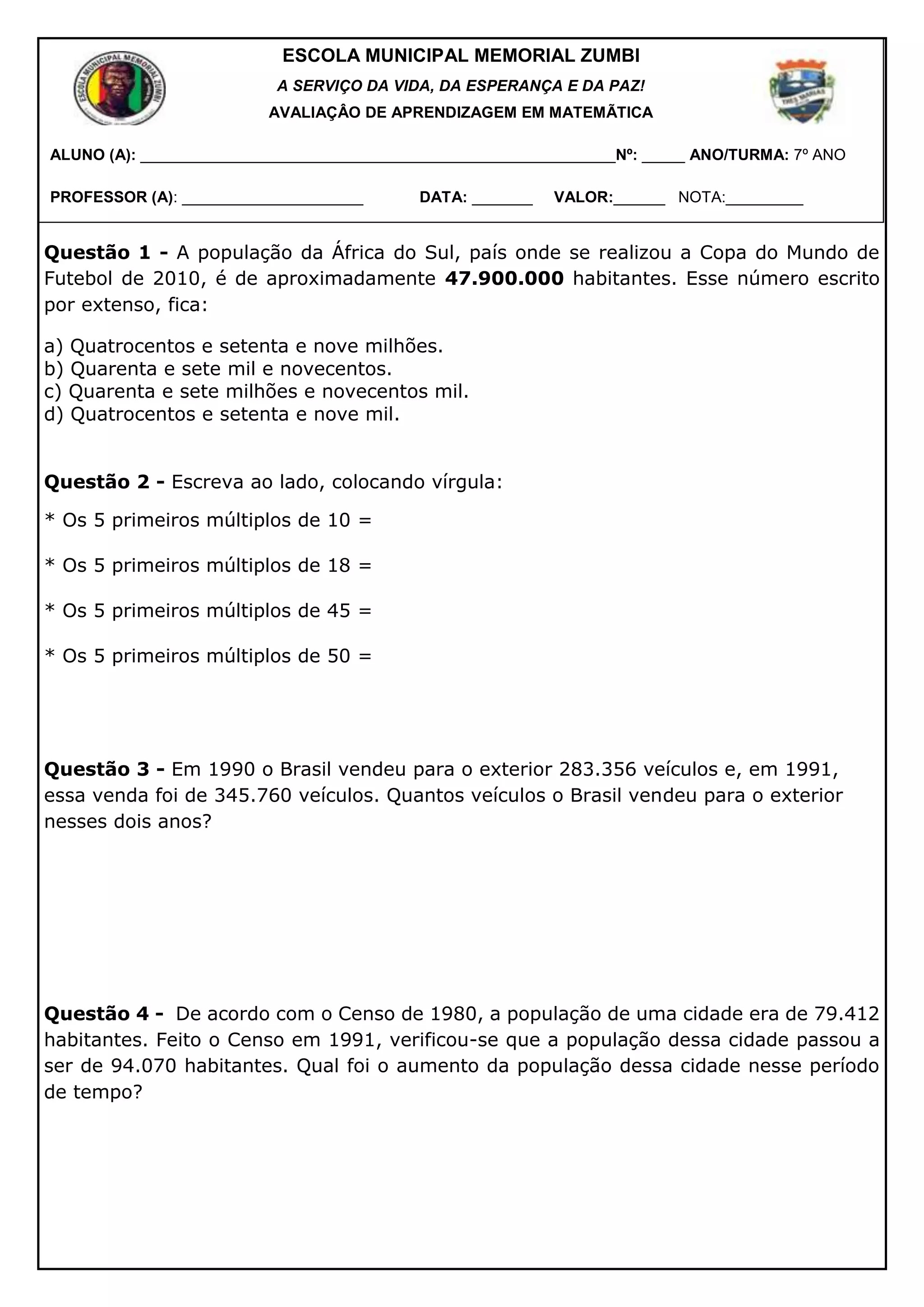 AVALIAÇÃO DE MATEMÁTICA 7º ANO