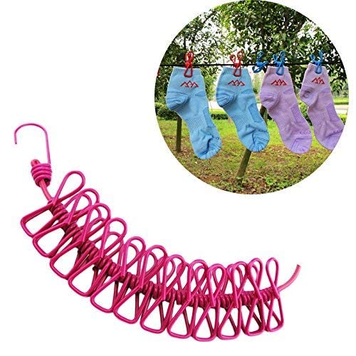 Multi Functional Portable Drying Rope with 12 Clips and 2 Hooks