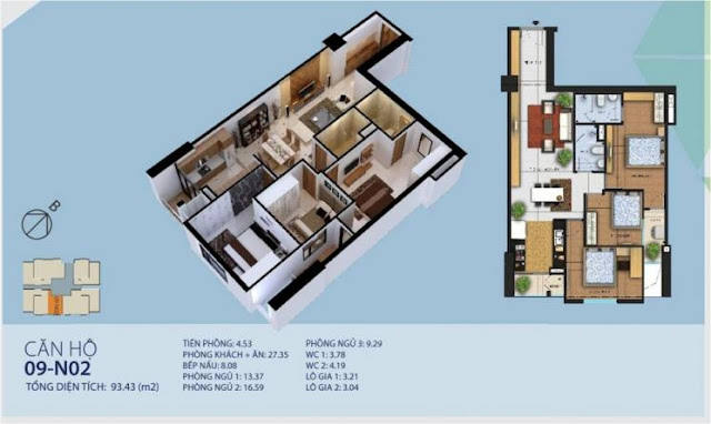 Diện tích : 93,43m2 ( 3 phòng ngủ, 2 vệ sinh )- căn hộ NO2-09