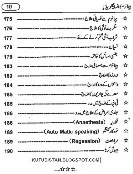 Contents of the Urdu book Hypnotism Ka Encyclopedia by Aleem Iqbal MA