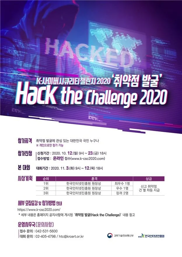 ▲ ‘K-사이버 시큐리티 챌린지 2020’ 취약점 발굴 Hack the Callenge 2020 포스터