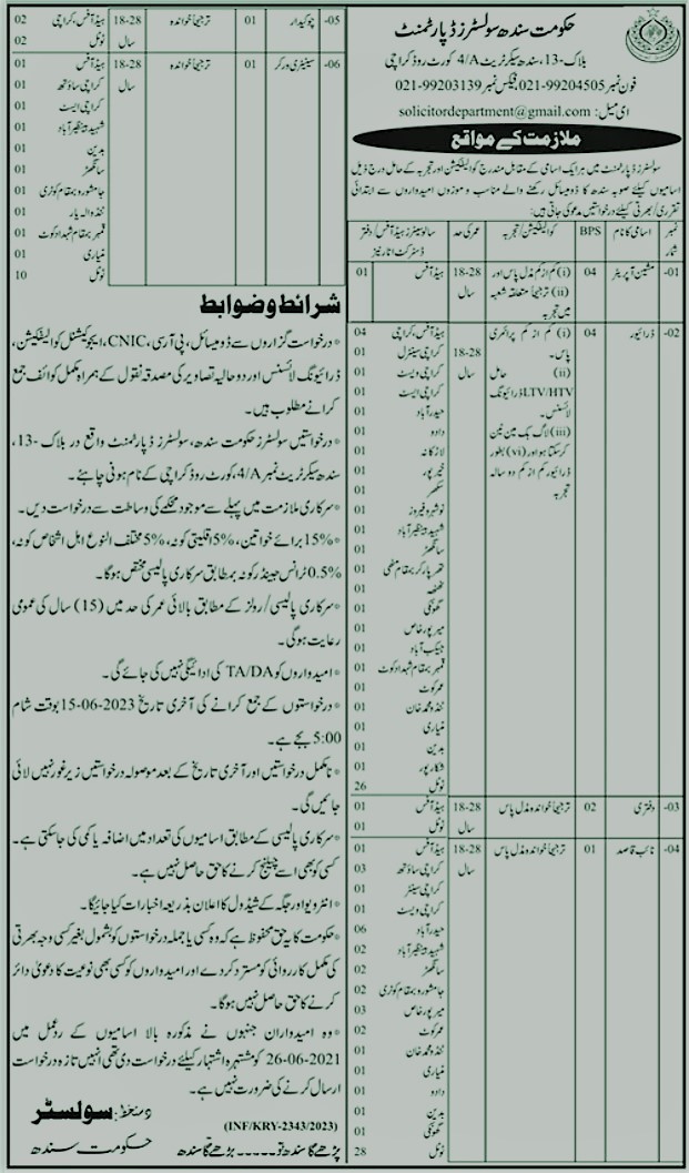 Government job Opportunity at Sindh Solicitors Department Karachi 2023