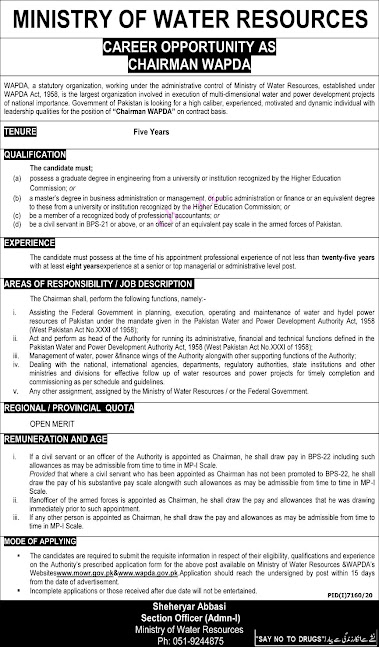 Latest jobs in Ministry on Water Resources MOWR 2021 in Pakistan - Download Application Form