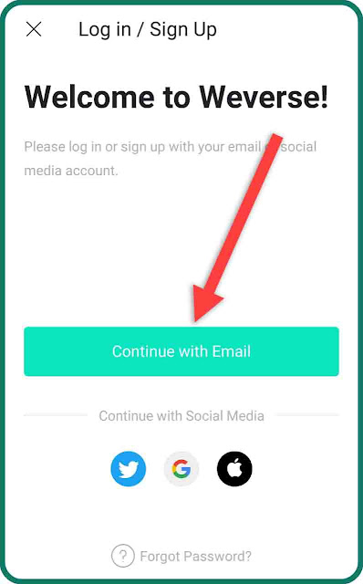 melanjutkan ke weverse dengan email