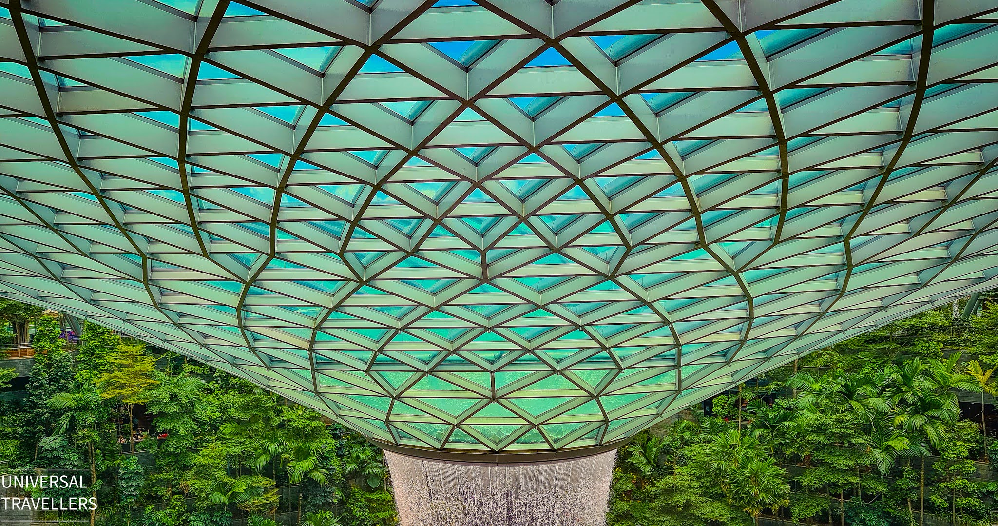 Closer look of HSBC Rain Vortex from the Canopy Bridge, located at level 5 of the Jewel Changi Airport