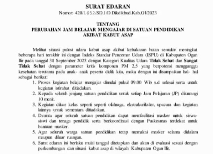 Kabut Asap, Bupati Ogan Ilir Resmi Keluarkan Edaran Terkait Perubahan Jadwal Belajar Sekolah 