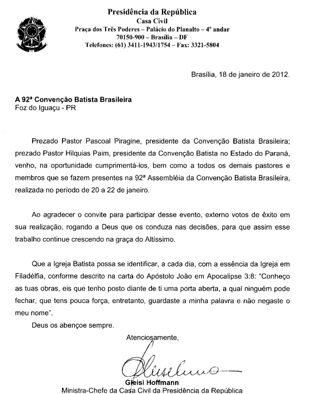 PIRAGINE E A CARTA DE AGRADECIMENTO DA MINISTRA DA DILMA 