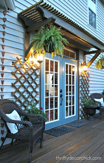 Double patio doors with wood trellis