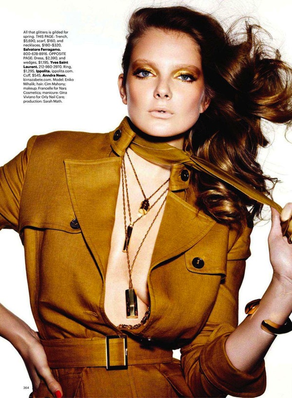 Eniko Mihalik in Bold Gold for Harper's Bazaar March 2011 by Ben Hassett