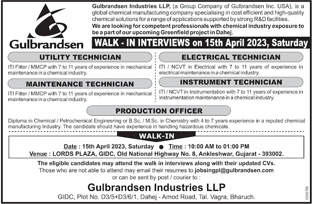 Gulbrandsen Industries LLP Walk In Interview For Production/ Utility/ Electrical/ Maintenance/ Instrumentation Department
