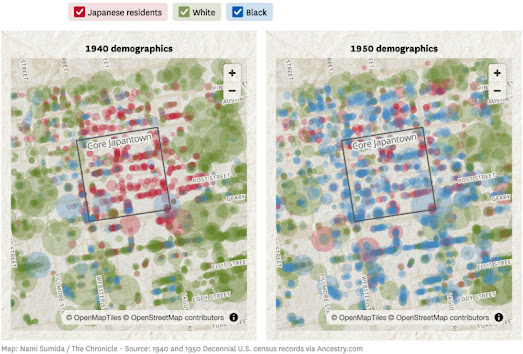 side-by-side maps showing Japanese American owned homes in Japantown in 1940 and 1950
