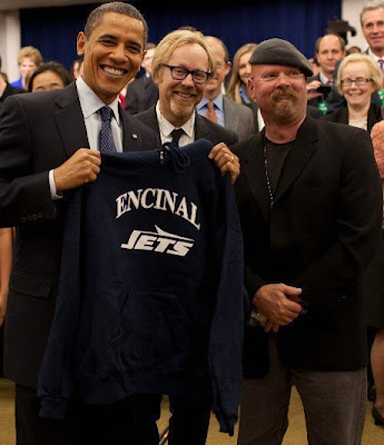 Obama with Mythbusters hosts, showing off Encinal High School sweater