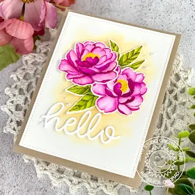 Sunny Studio Stamps: Pink Peonies Hello Word Die Hello Card by Angelica Conrad