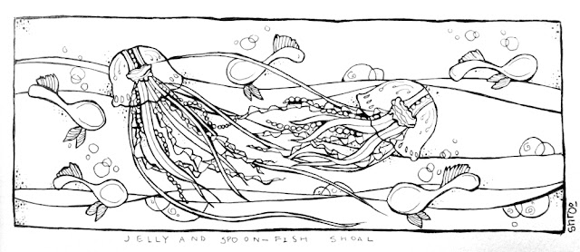 A humorous ink pen doodle drawing of jellyfish and 'spoonfish' shoal by Shroo. Artyshroo