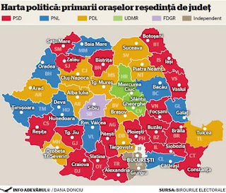 Harta Romaniei alegeri locale 10 iunie 2012 - colorat pe partide
