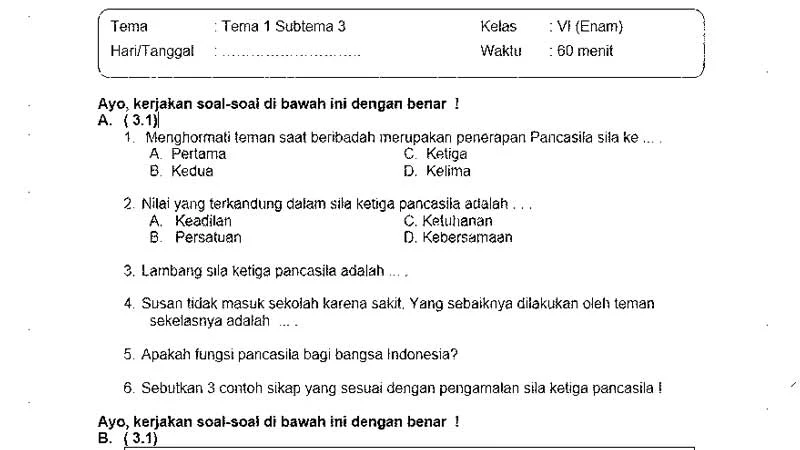 Soal Ulangan Kelas 6 Tema 1 Subtema 3 dan Kunci Jawabannya