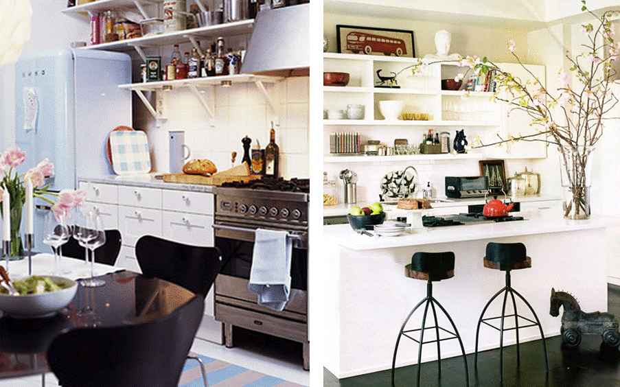 white kitchen shelves with darkish countertops