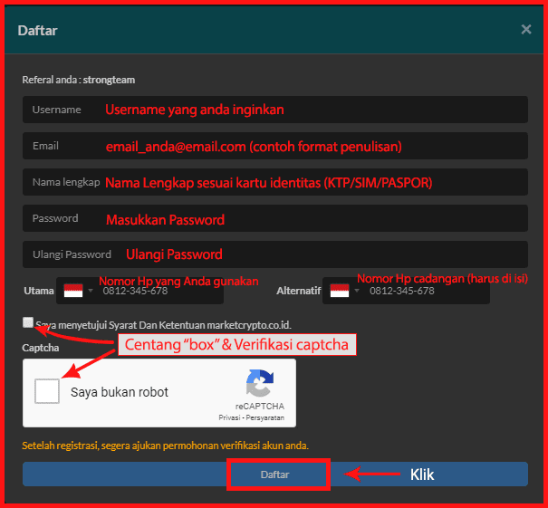 Pendaftaran Akun Exchange Marketcrypto
