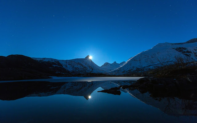 Moon, Blue Night, Moonlight, Mountains, Lake, Reflections