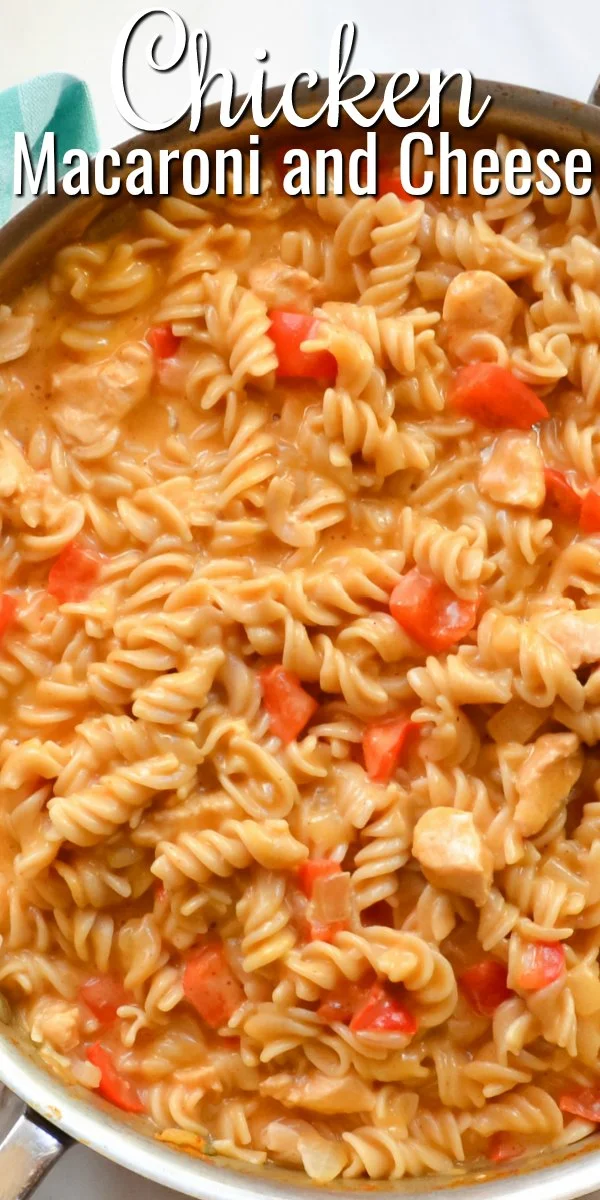 Homemade Chicken Macaroni and Cheese Helper in a stainless steel pan.