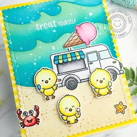 Sunny Studio Stamps: Cruisin' Cuisine Frilly Frame Dies Chickie Baby Catch A Wave Dies Everyday Card by Ashley Ebbens