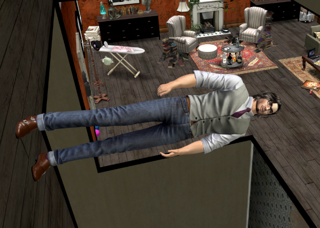 A scene in Second Life of a man in the foreground, standing on a tilted floor. Another room in the background is at a normal position.