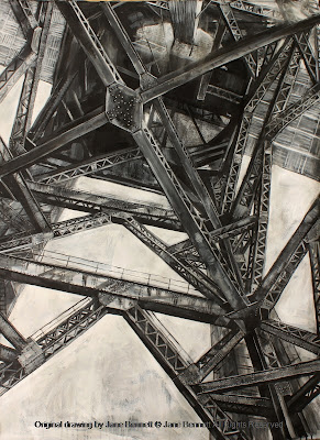 plein air charcoal and ink drawng of the Hammerhead Crane, Garden Island by industrial heritage artist Jane Bennett