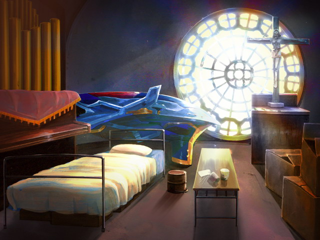 Church Attic Bedroom (Anime Background) (sunset)